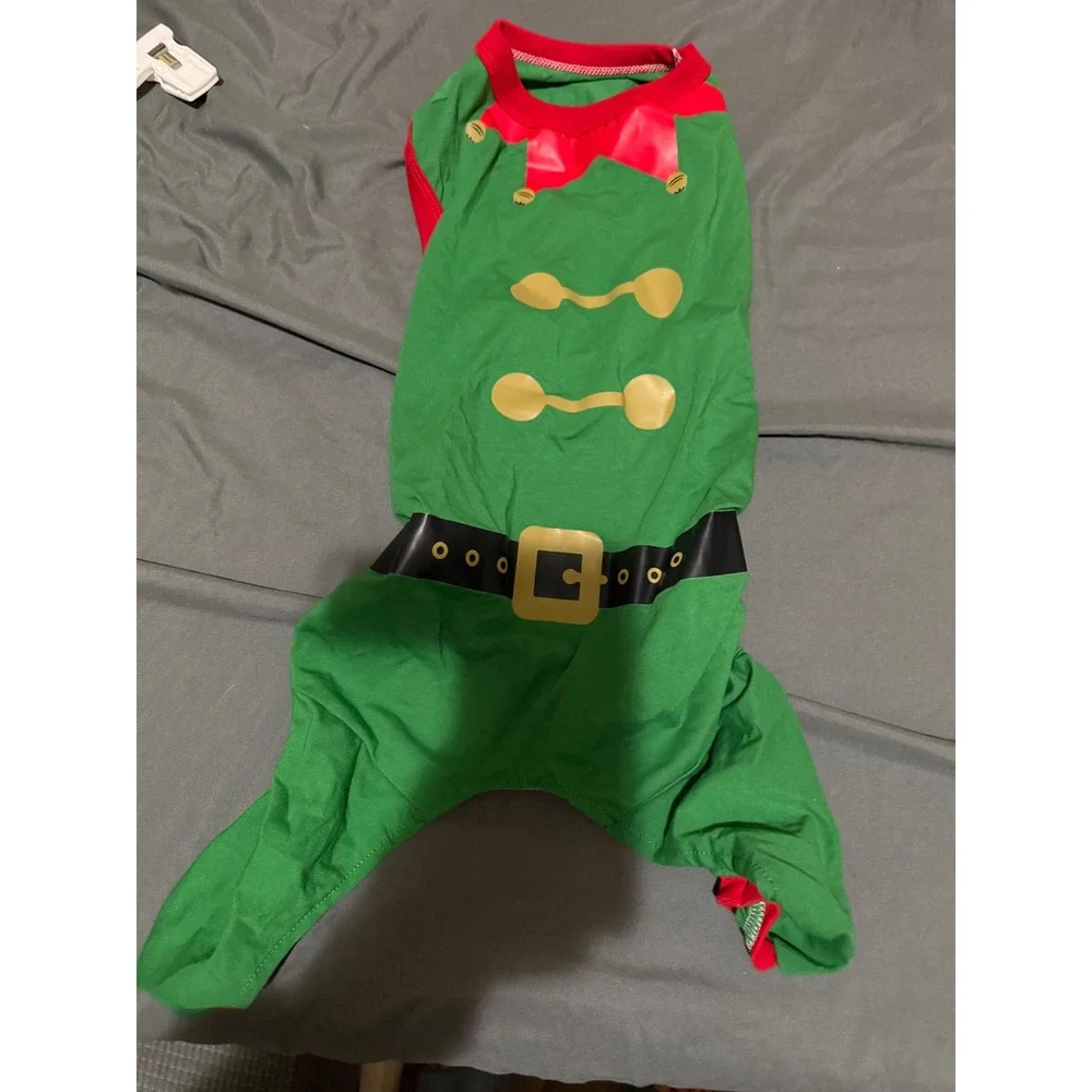 Green Elf Christmas Pet Costume Pajamas Holiday Dog Outfit Red Trim